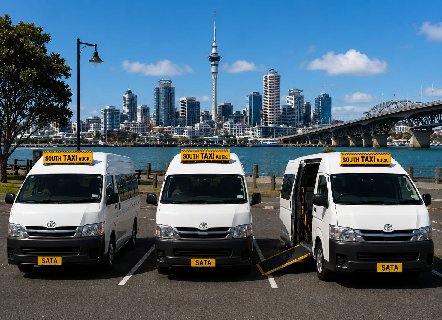 SATA wheelchair hoist vans with the Auckland Harbour Bridge in the background