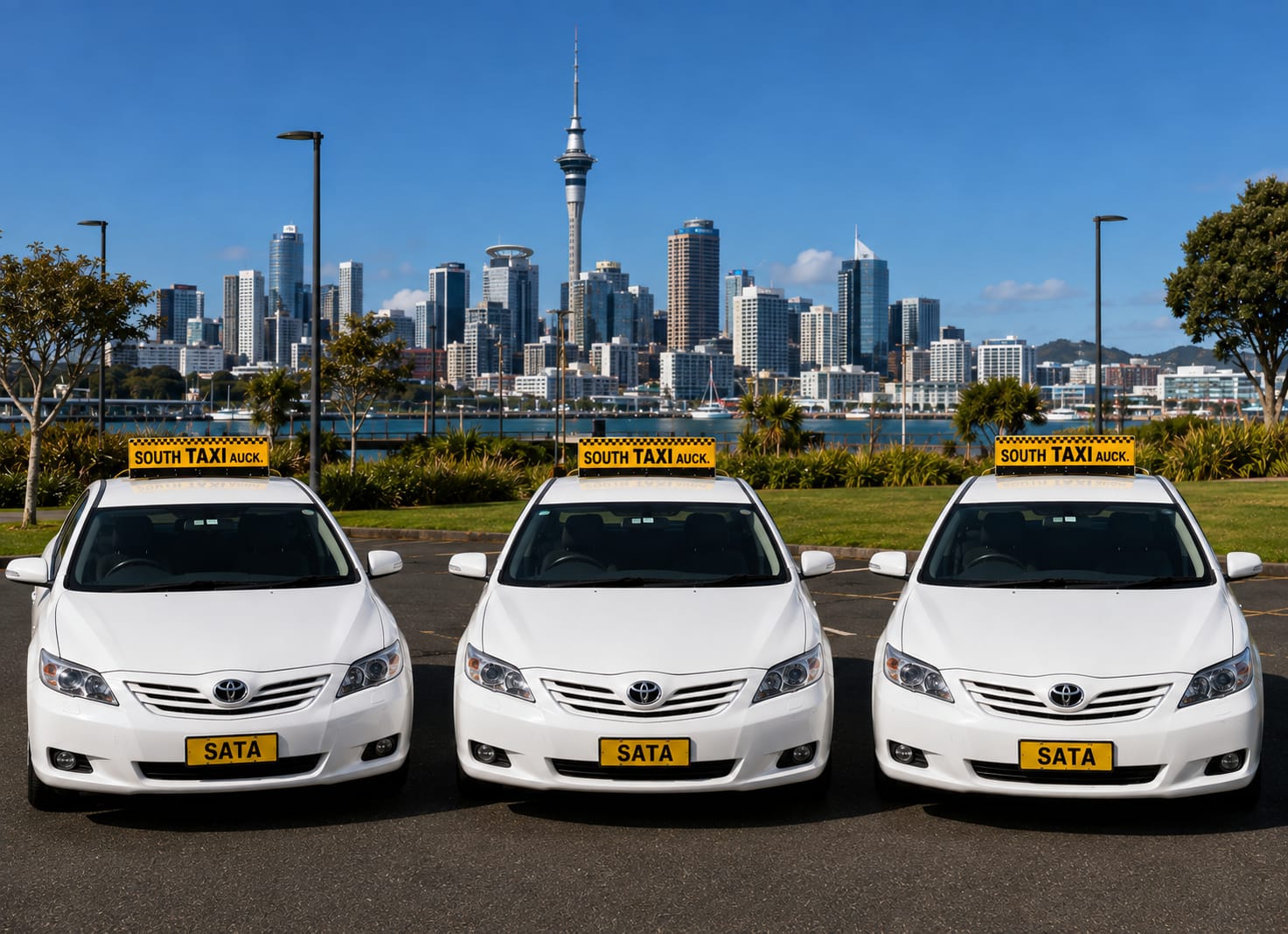 SATA taxis with the Auckland Sky Tower in the background