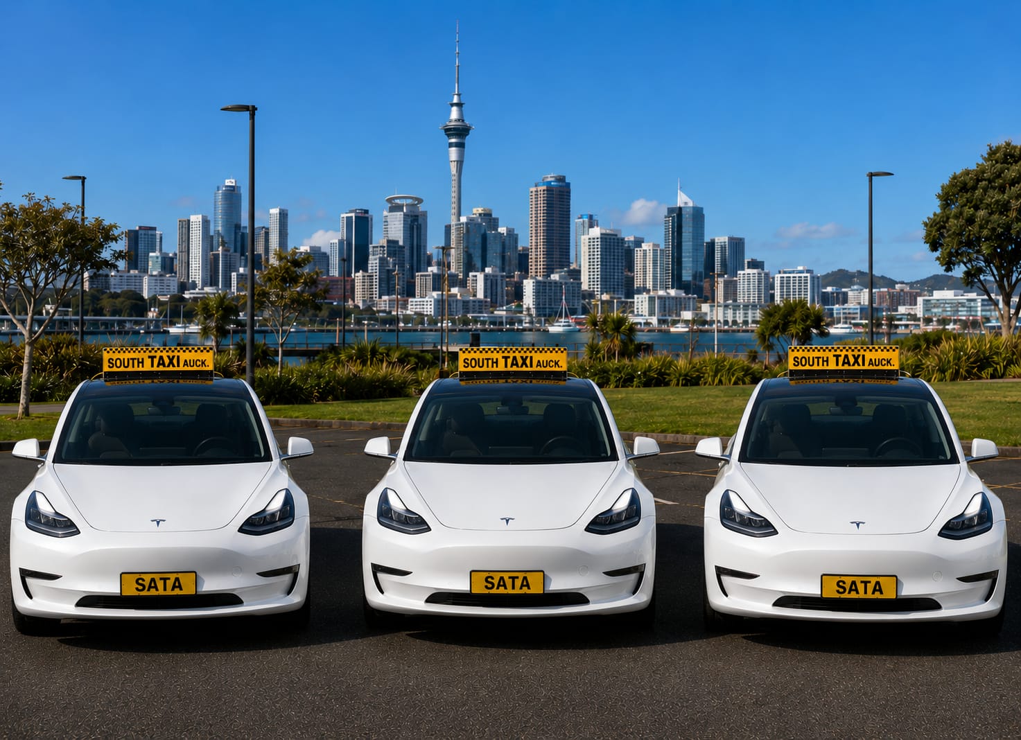 SATA taxi fleet with Auckland Sky Tower in the background